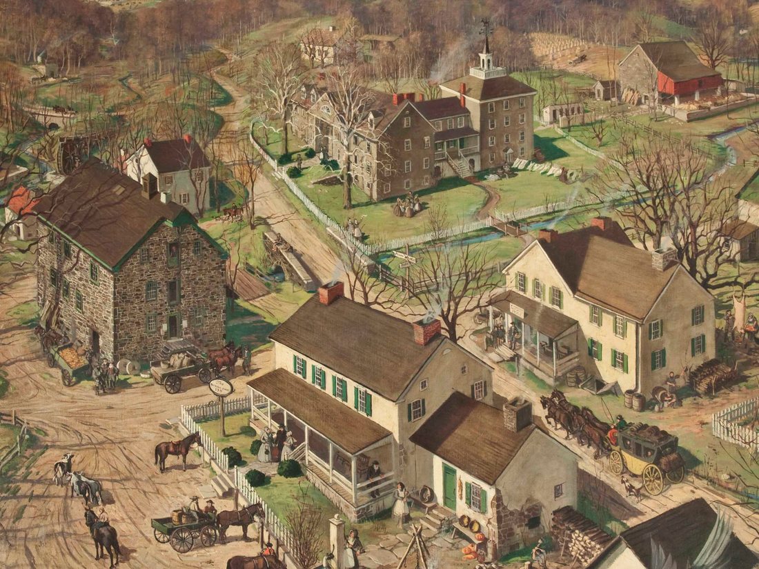 A Birds Eye View, painting of Kimberton village by John Pierce